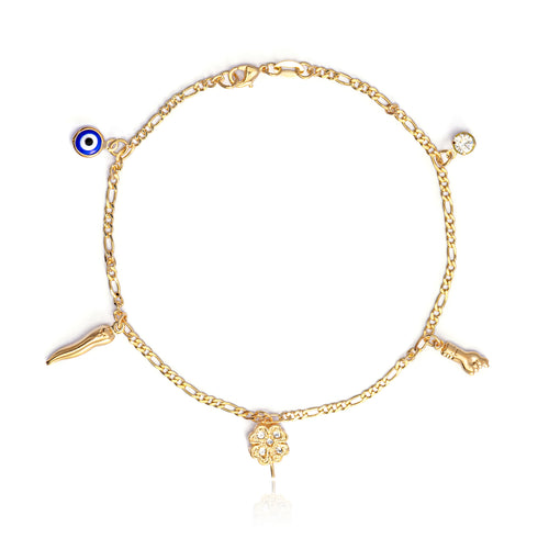The Mega Lucky Charm Anklet Bracelet, designed for good luck and evil eye protection, features a series of charms including a blue and white evil eye, a small stone, a chili pepper, an intricately detailed flower, and a hand. Each charm is elegantly showcased on the Figaro link chain against the white background.